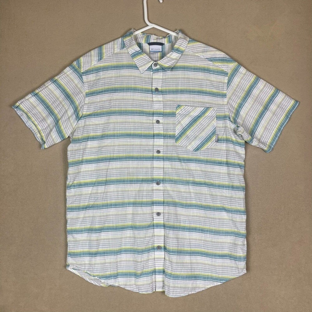 Columbia Shirt Adult XL White/Green Striped Outdoor‎ Short Sleeve Pocket Mens